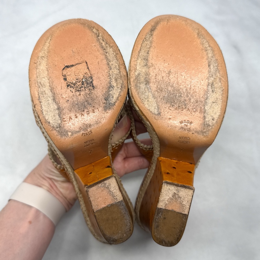 CASADEI Vintage Y2K Ostrich Leather Chunky Platform Wedge Sandal Heels Brown 7 - Picture 7 of 12